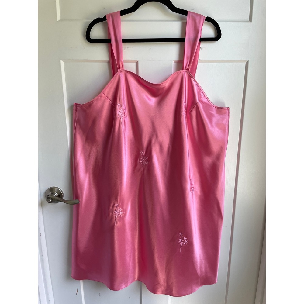 Vintage Erika Taylor Pink Liquid Satin Nightgown 3X Embroidered Slip Dress